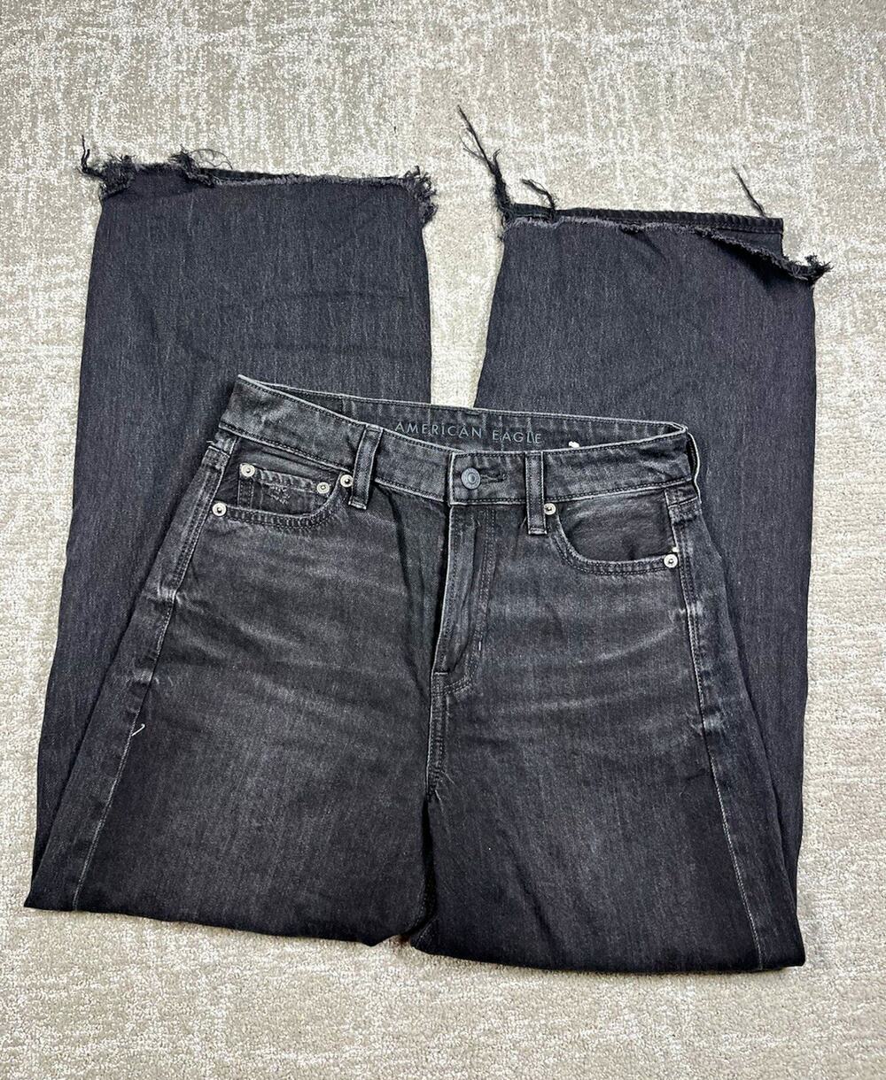 American Eagle Super High Rise Baggy Wide Leg Ankle Black Jean Size 0
